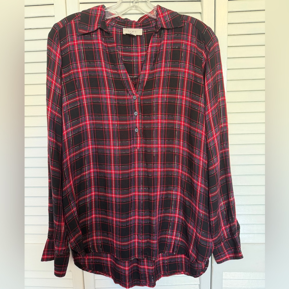 LOFT Black and Red Plaid Henley Top